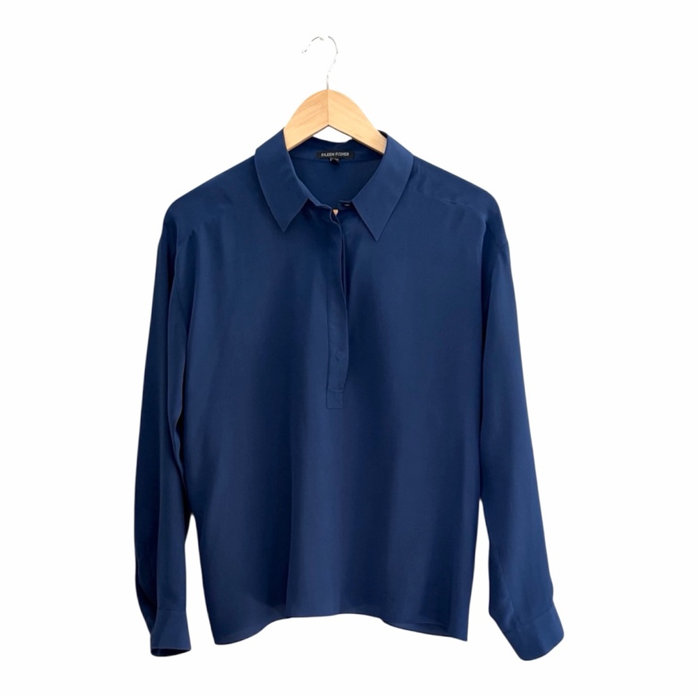 Eileen Fisher Blue Silk Popover Long Sleeve Blouse XS